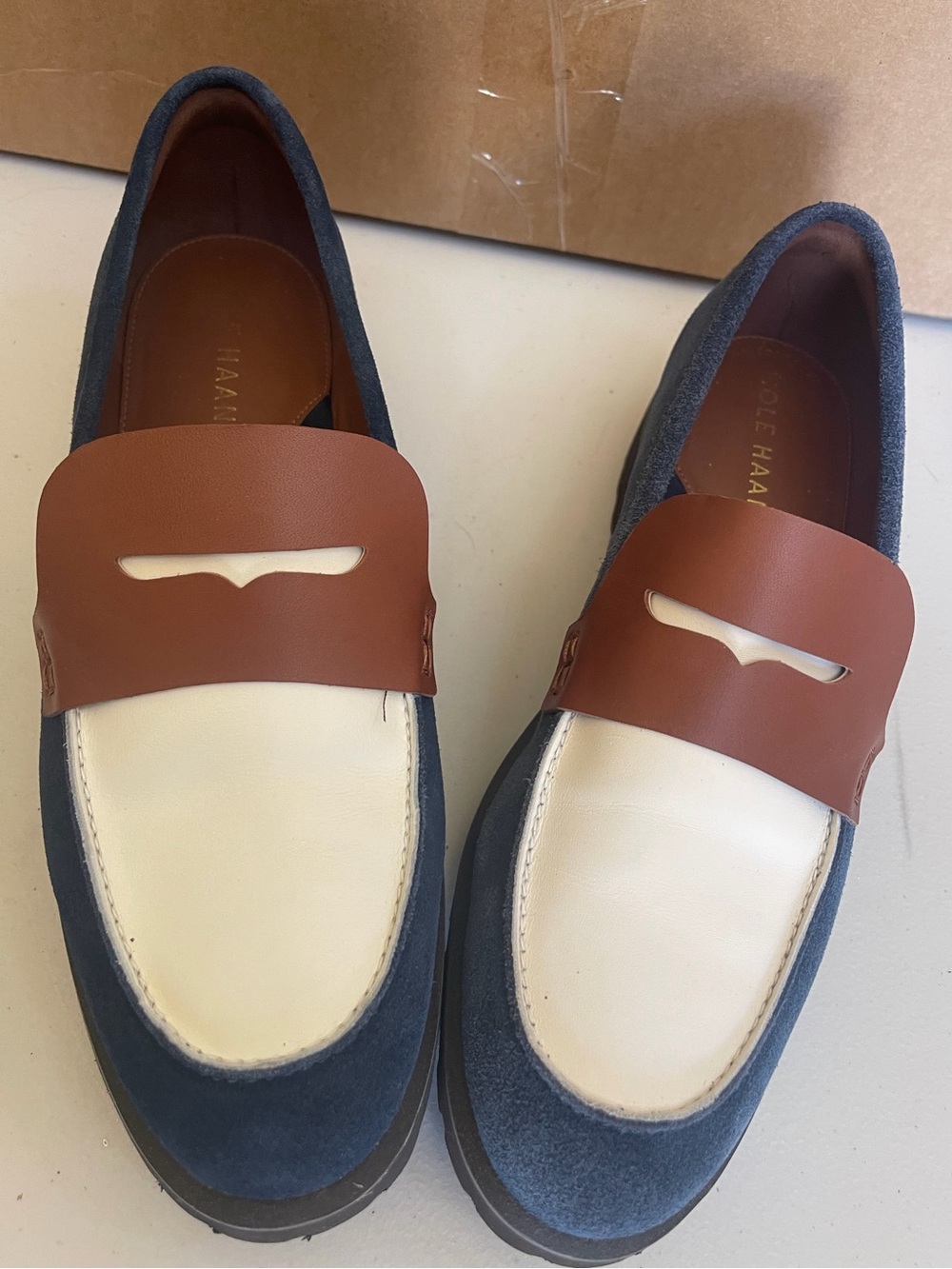 Cole Haan Navy Suede, White Leather & Brown Penny Lug Loafers-Women